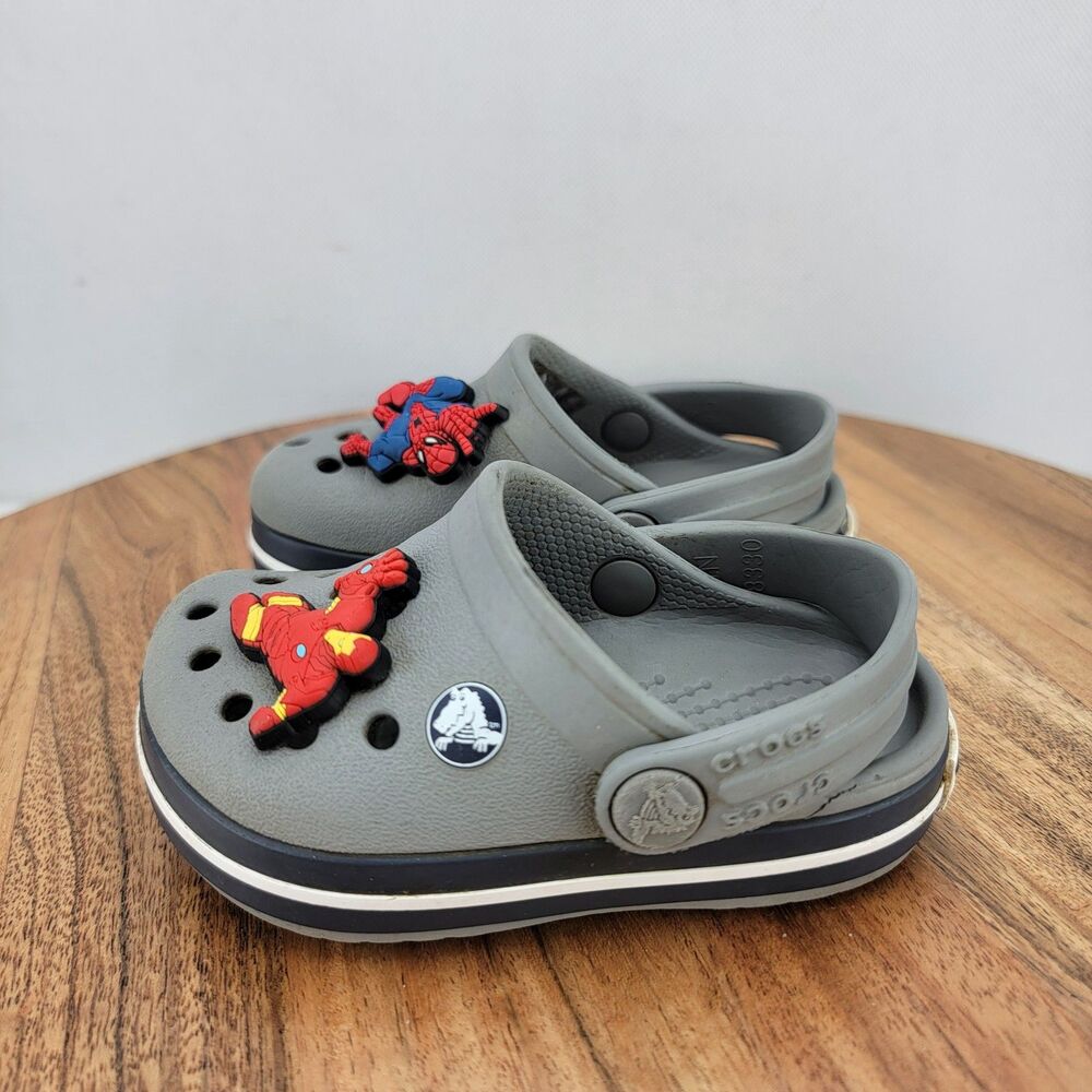 Crocs Childrens Kids C4 Gray Classic Slingback Marvel Spiderman Iron Clog Shoes